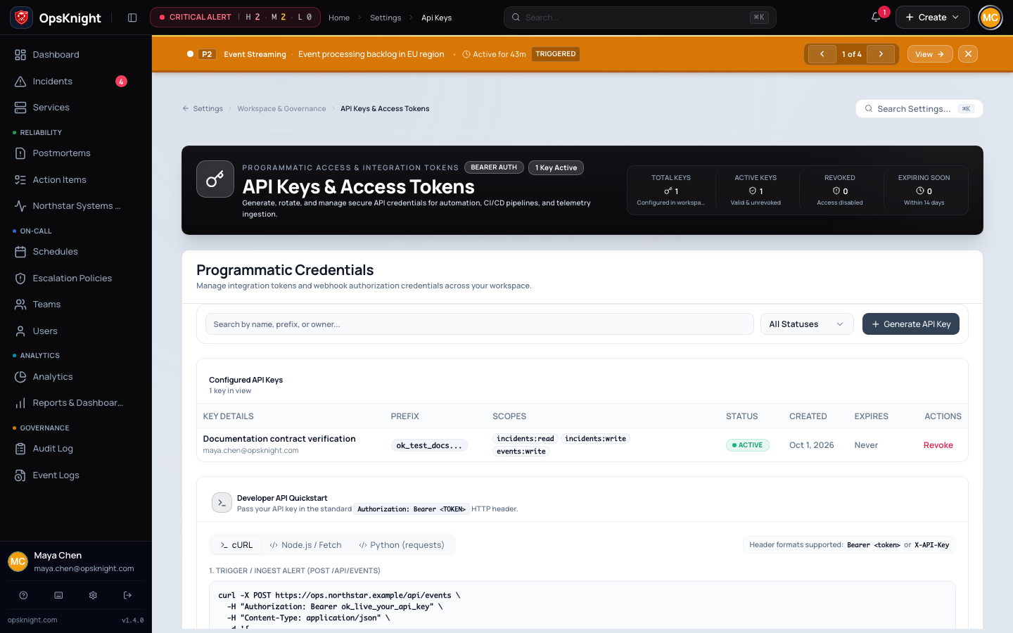 API key administration with scoped credentials and lifecycle controls