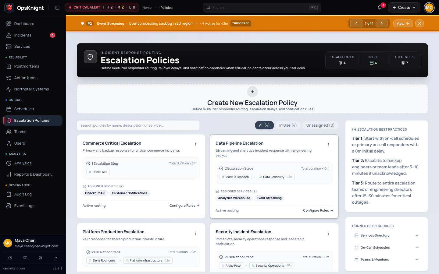 Escalation policy directory with operational ownership