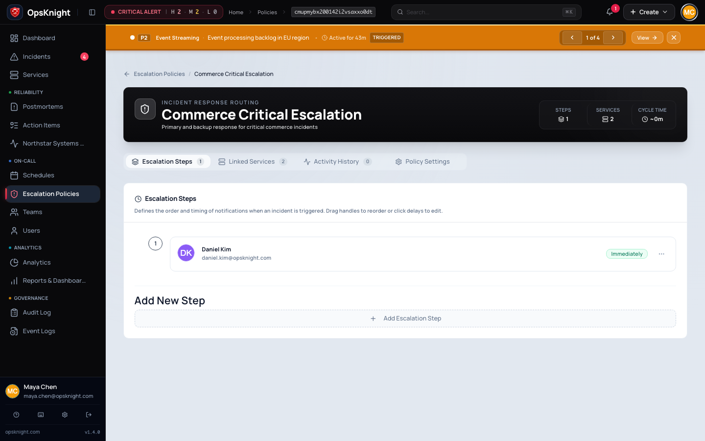 Escalation policy detail with ordered response steps