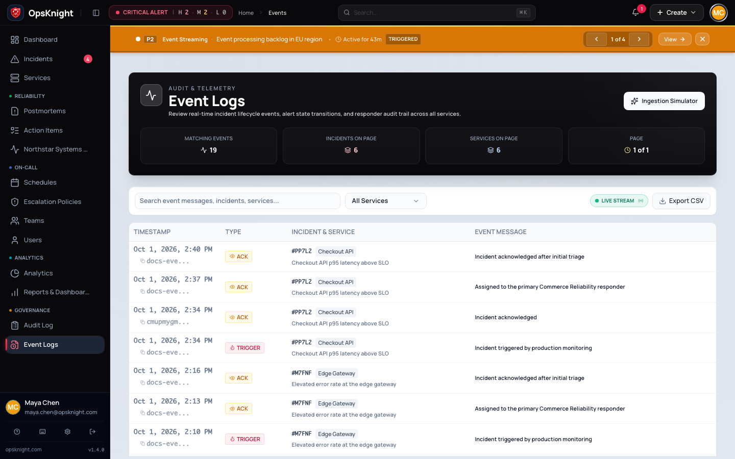 Event Logs with searchable incident lifecycle events