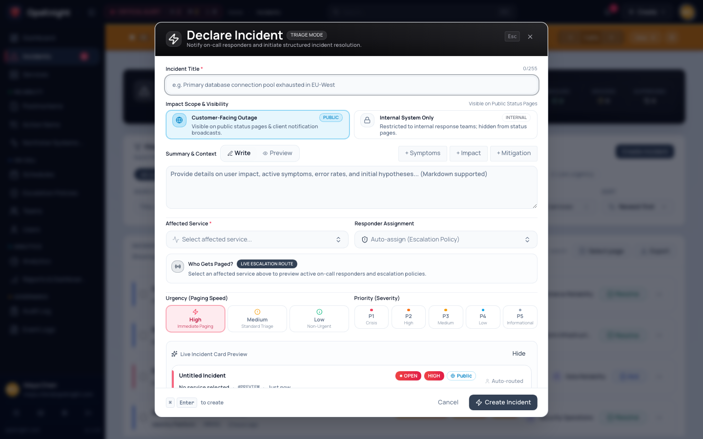 Manual incident creation form in the production interface