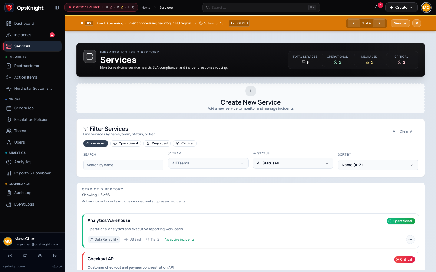 Service directory showing ownership and live operational state