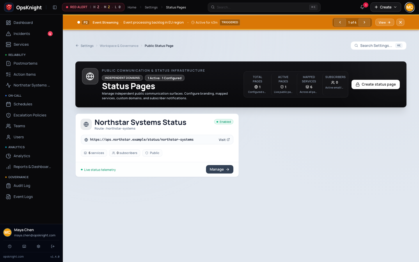 Status-page administration for the single supported page, mapped services, and publication state
