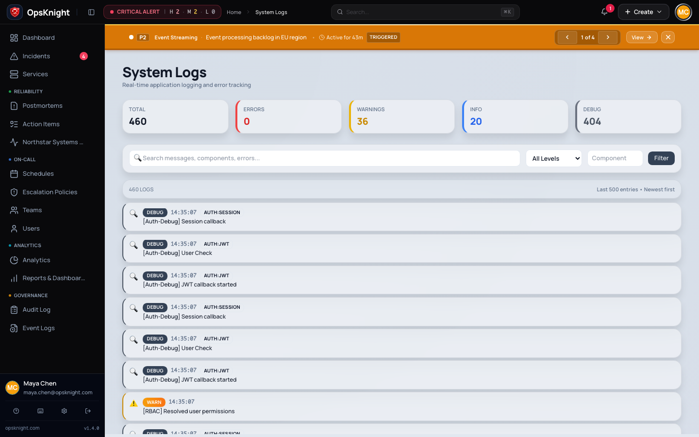 System Logs with severity counters, filters, and structured entries