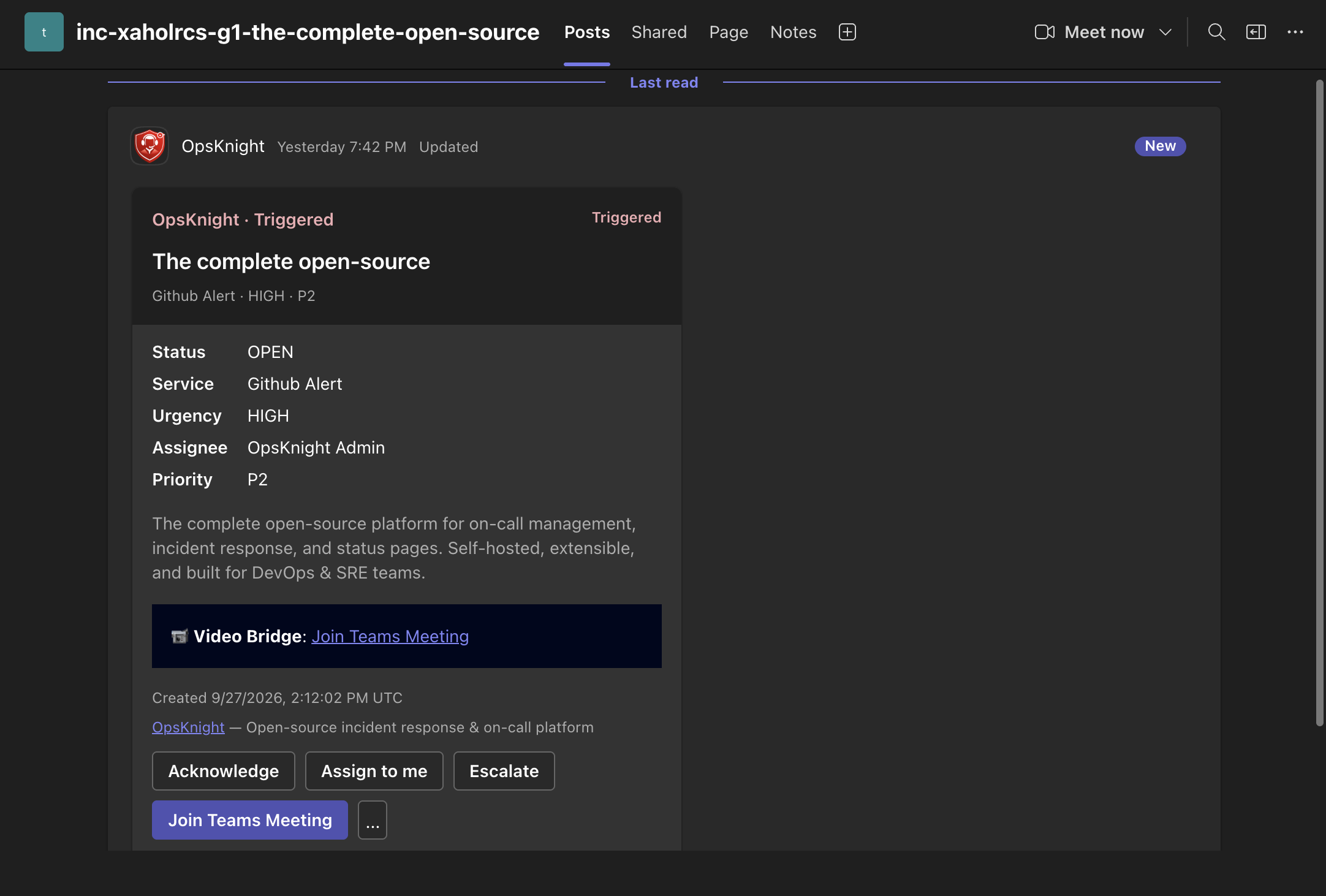 OpsKnight Microsoft Teams war room card with video bridge and incident actions
