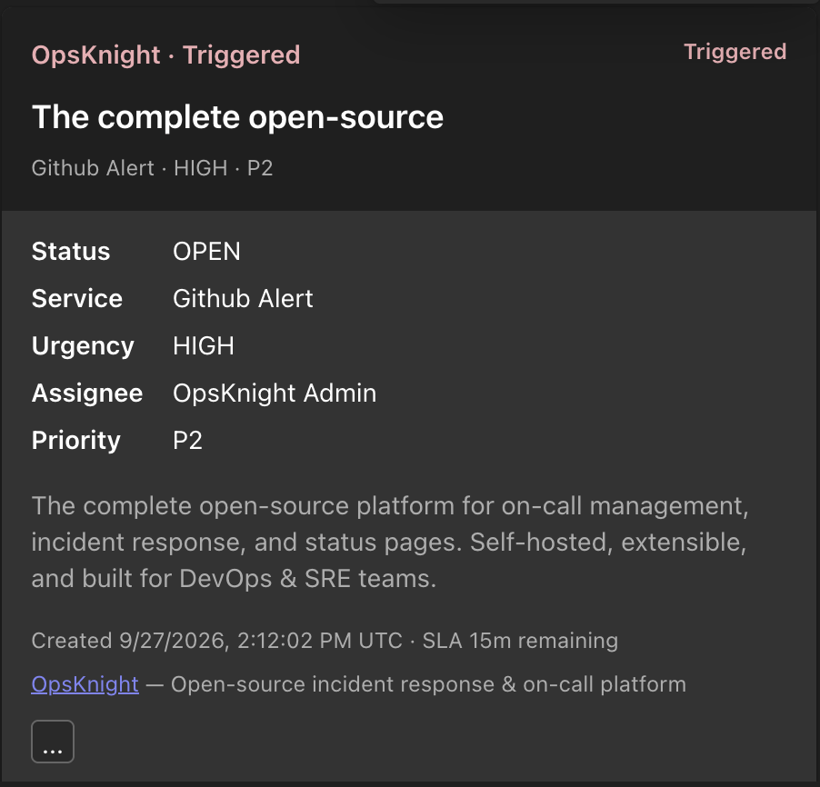 Normal OpsKnight incident Adaptive Card in Microsoft Teams showing the incident status, service, urgency, assignee, and priority
