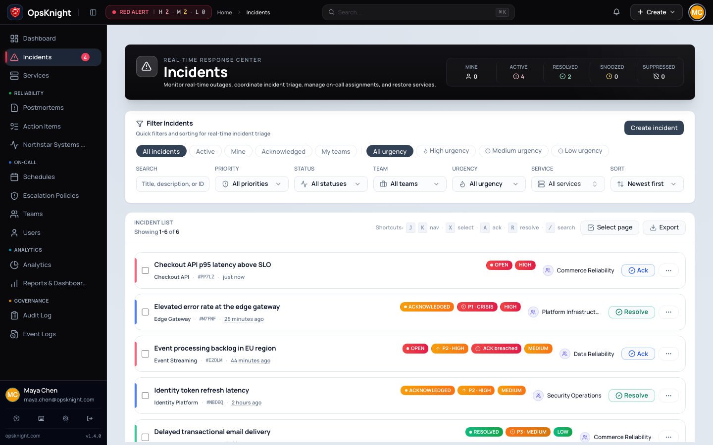 Incident list populated with realistic service and responder data