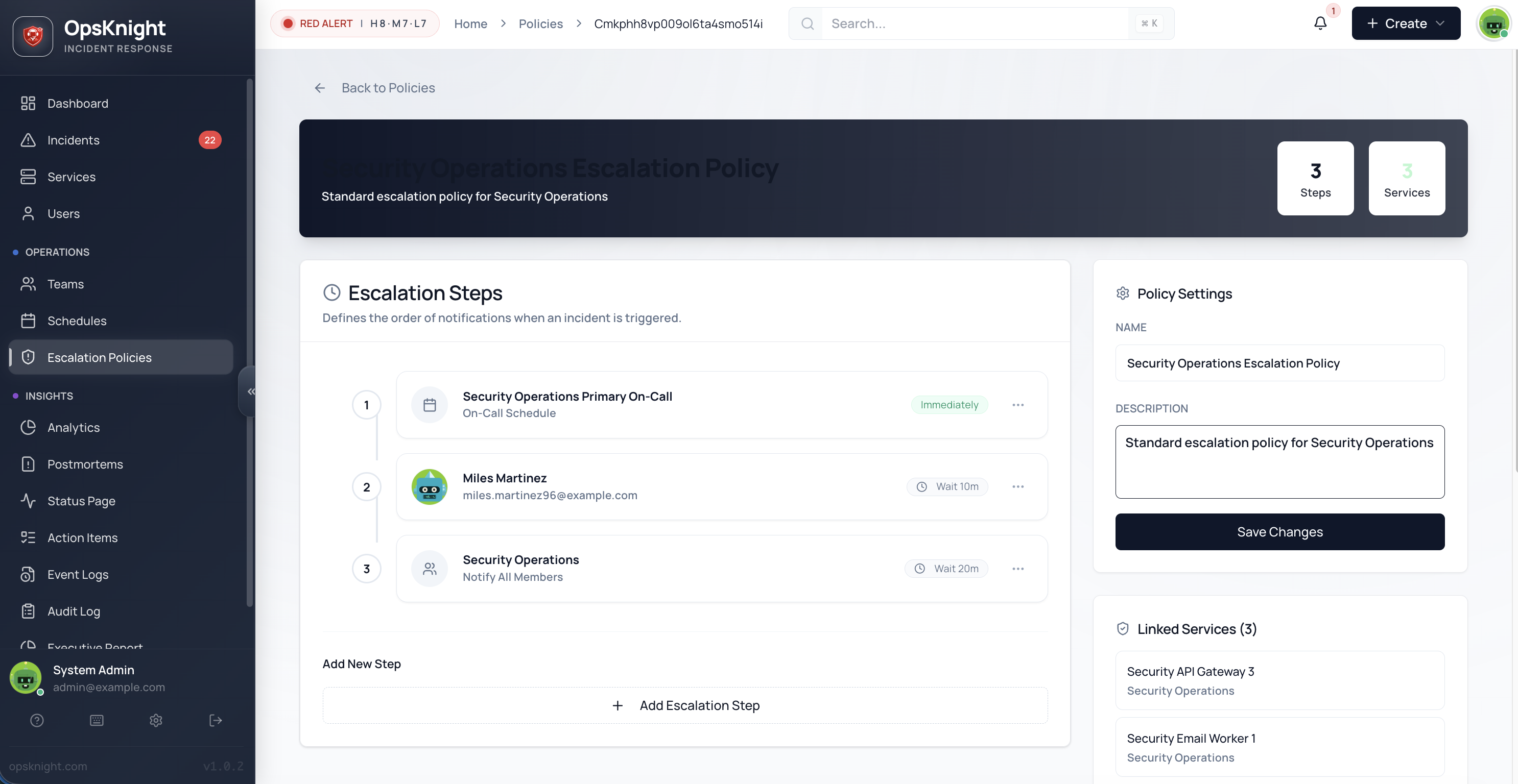 Escalation step configuration