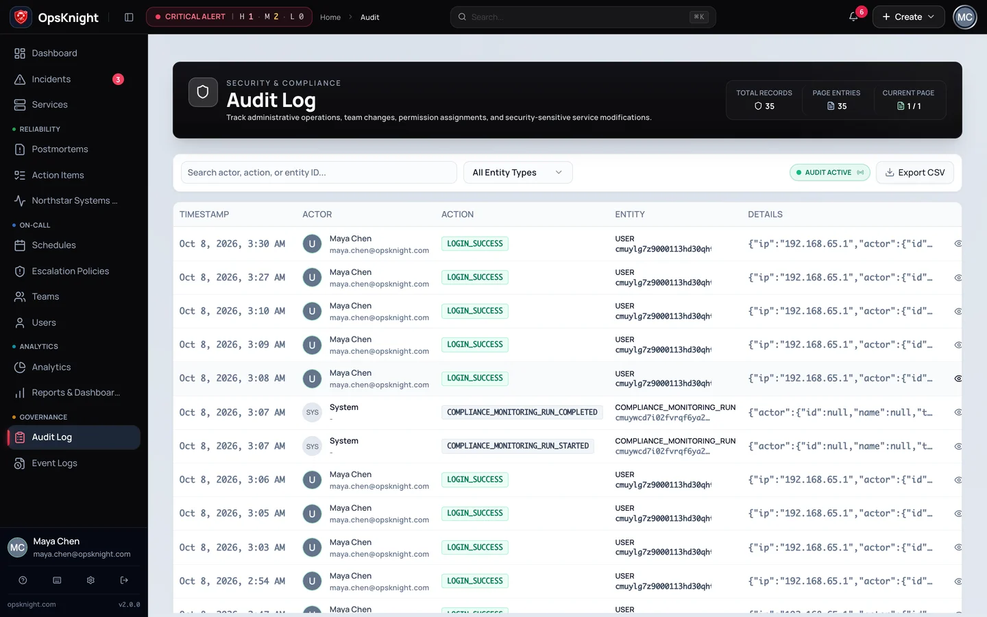 OpsKnight security & identity product view