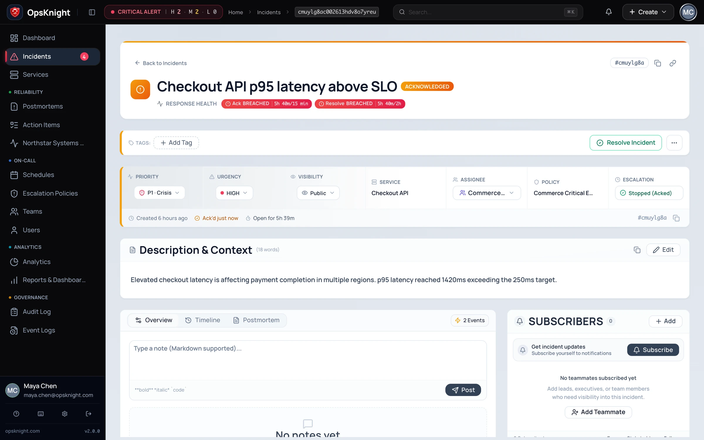 OpsKnight incident detail command center view with live responder assignment and timeline